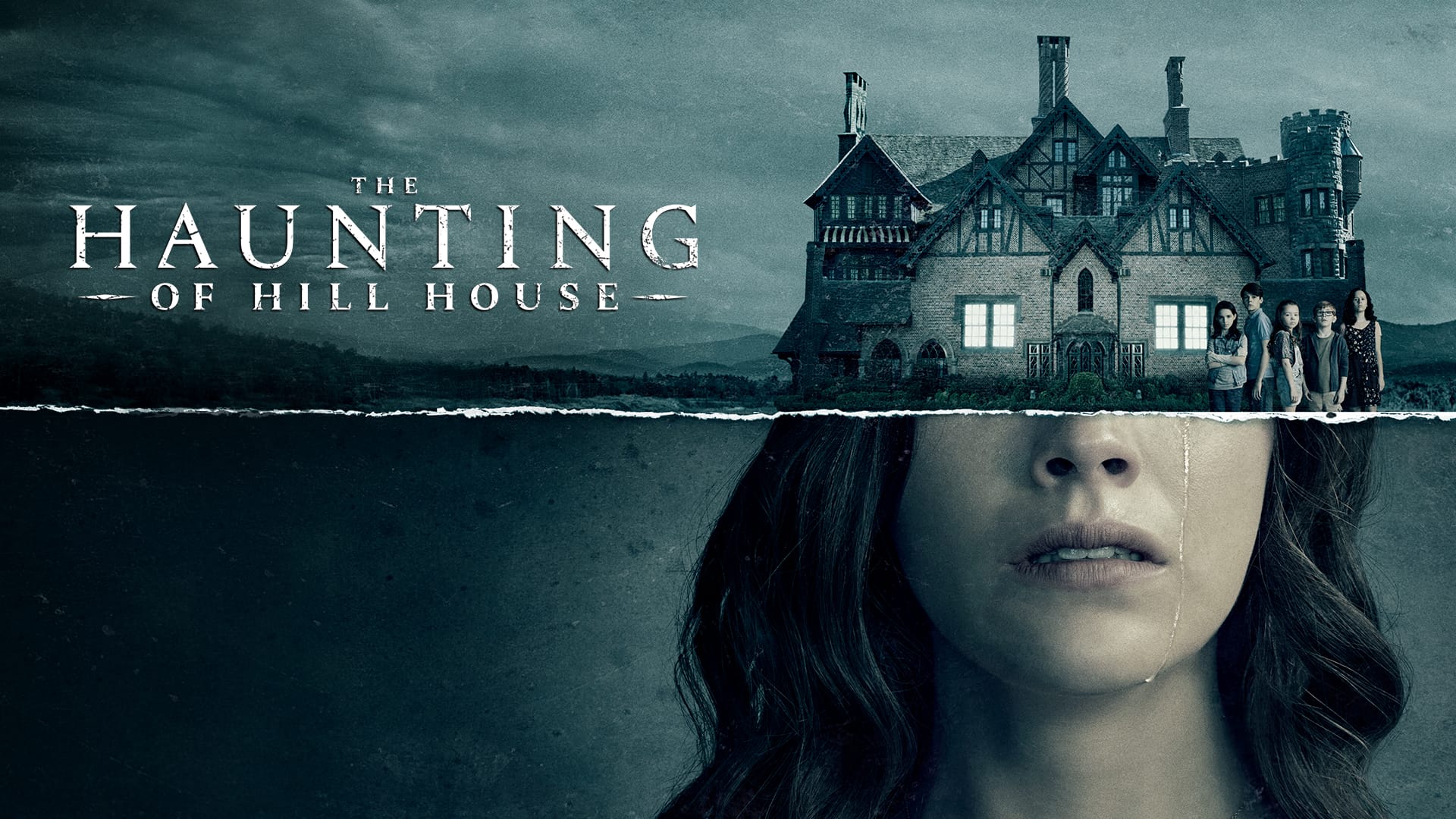 Cartel de La maldición de Hill House en la que aparece una casa encantada y una mujer llorando