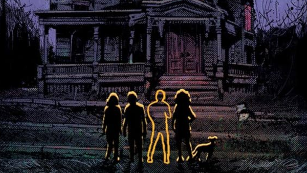 Cuatro siluetas de personas y la silueta de un perro, de espaldas frente a las escaleras que conducen a una casa decrépita. 